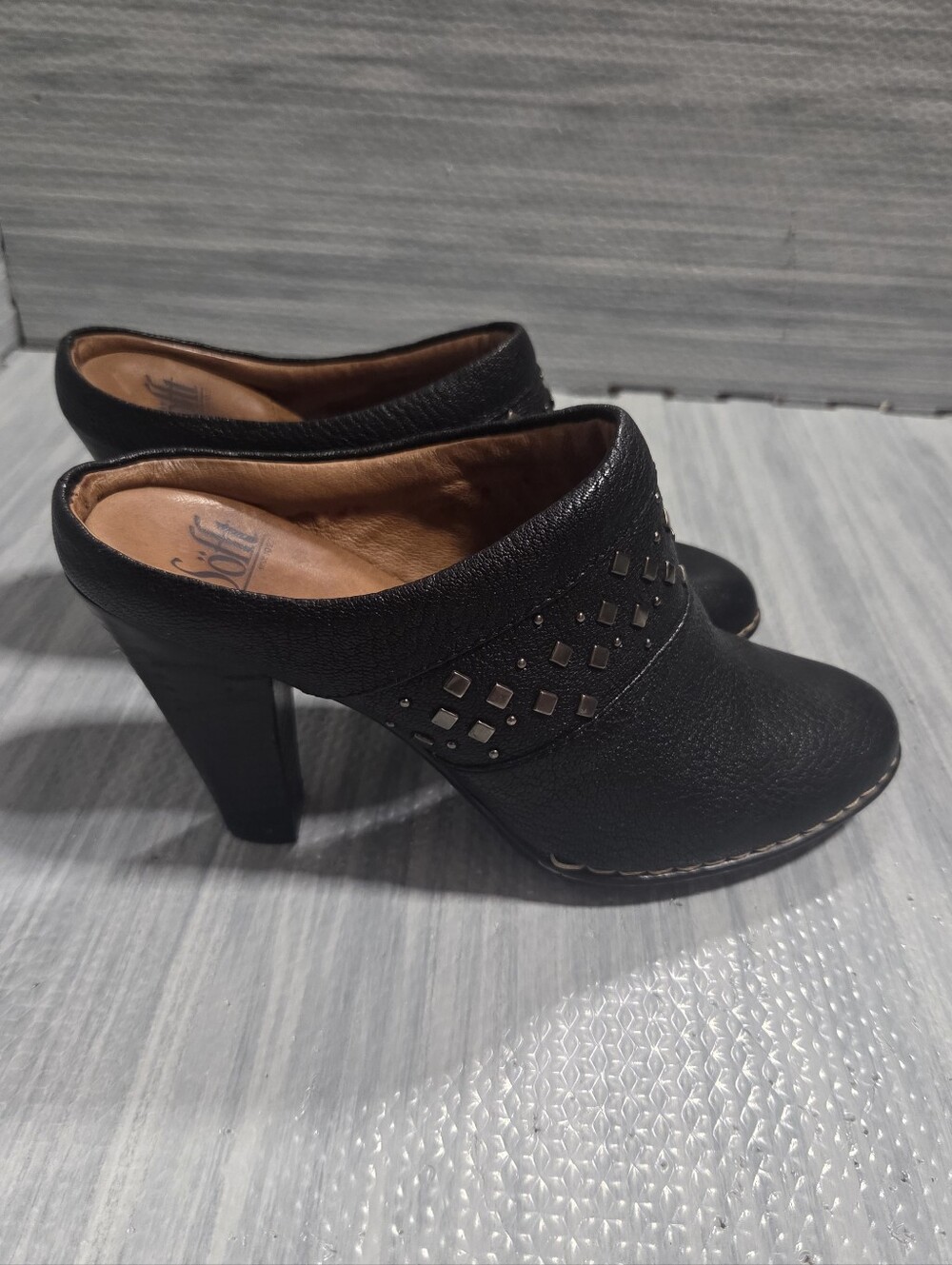 Sofft Soleil studded black leather heeled clog mules